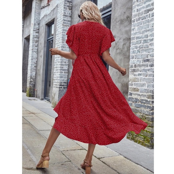 Polka Dot Burgundy Boho Wrap Midi Dress - Picture 2 of 10